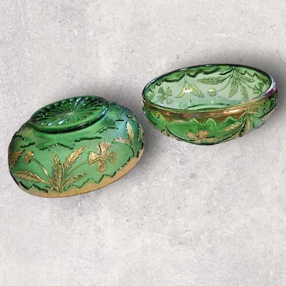 Vintage US Glass Delaware Emerald Gold Accent Cupped Bowls Set of 2 Antique EAPG - Picture 5 of 6
